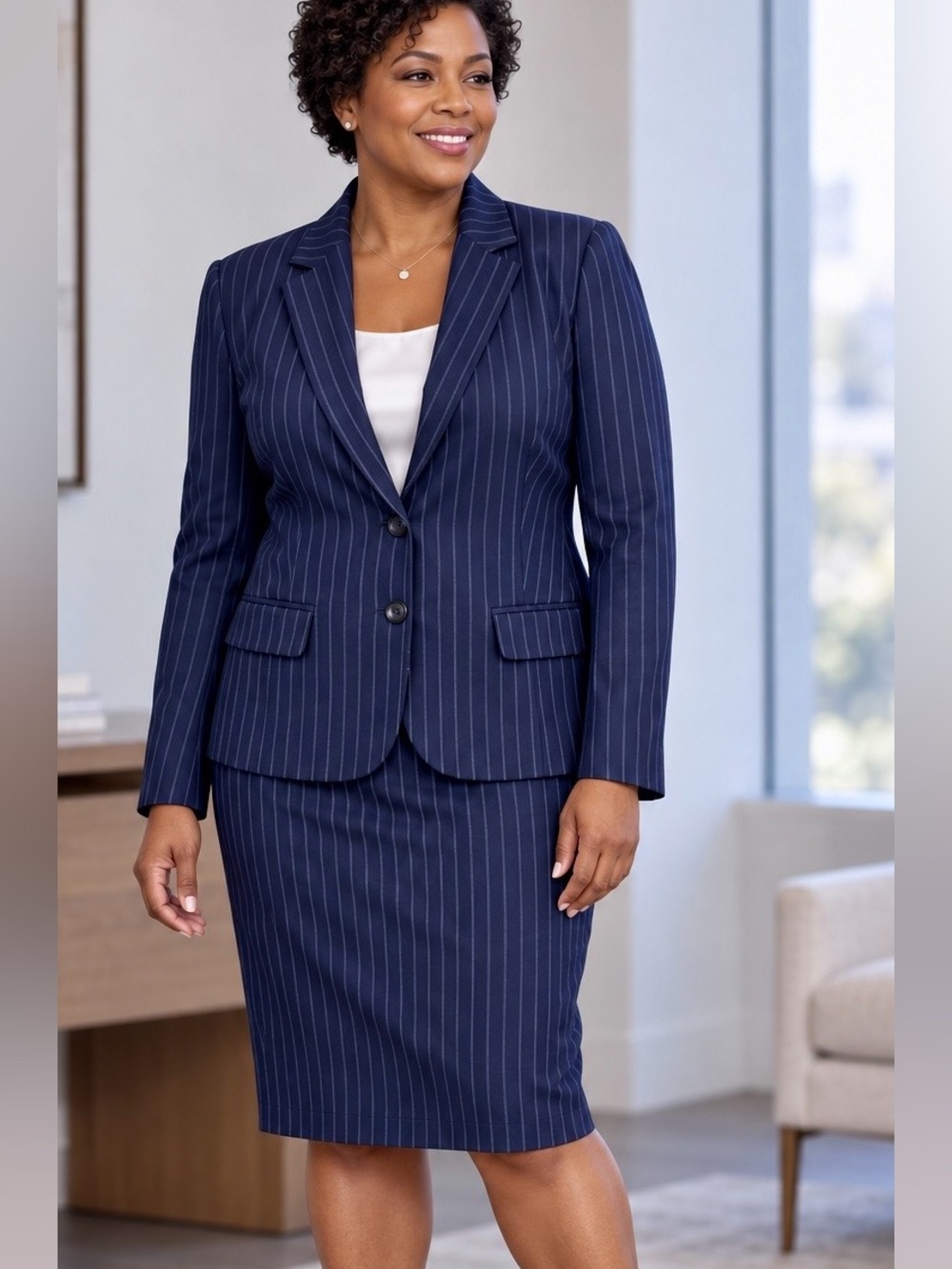 Banana Republic Navy Pinstripe Wool Blend Skirt Suit Size 14